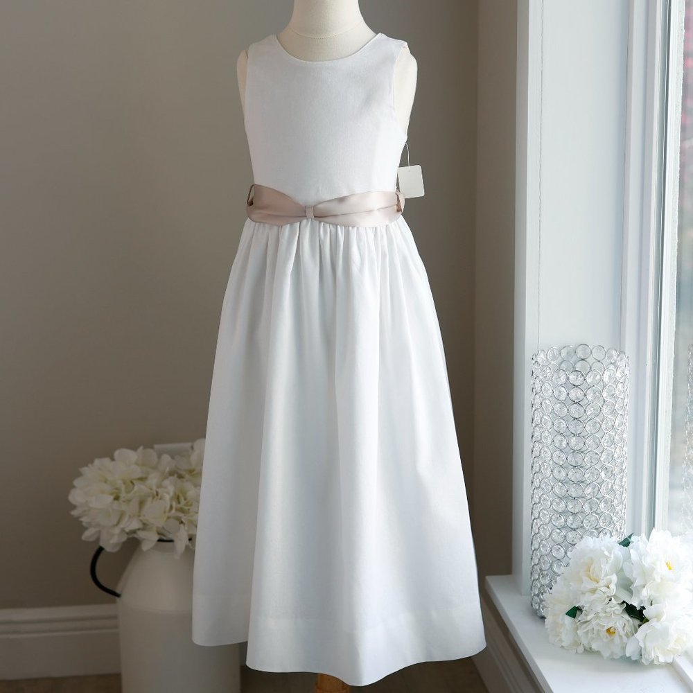 GORGEOUS White Linen Dress Champagne Satin Sash Bailey Boys NEW WITH TAGS